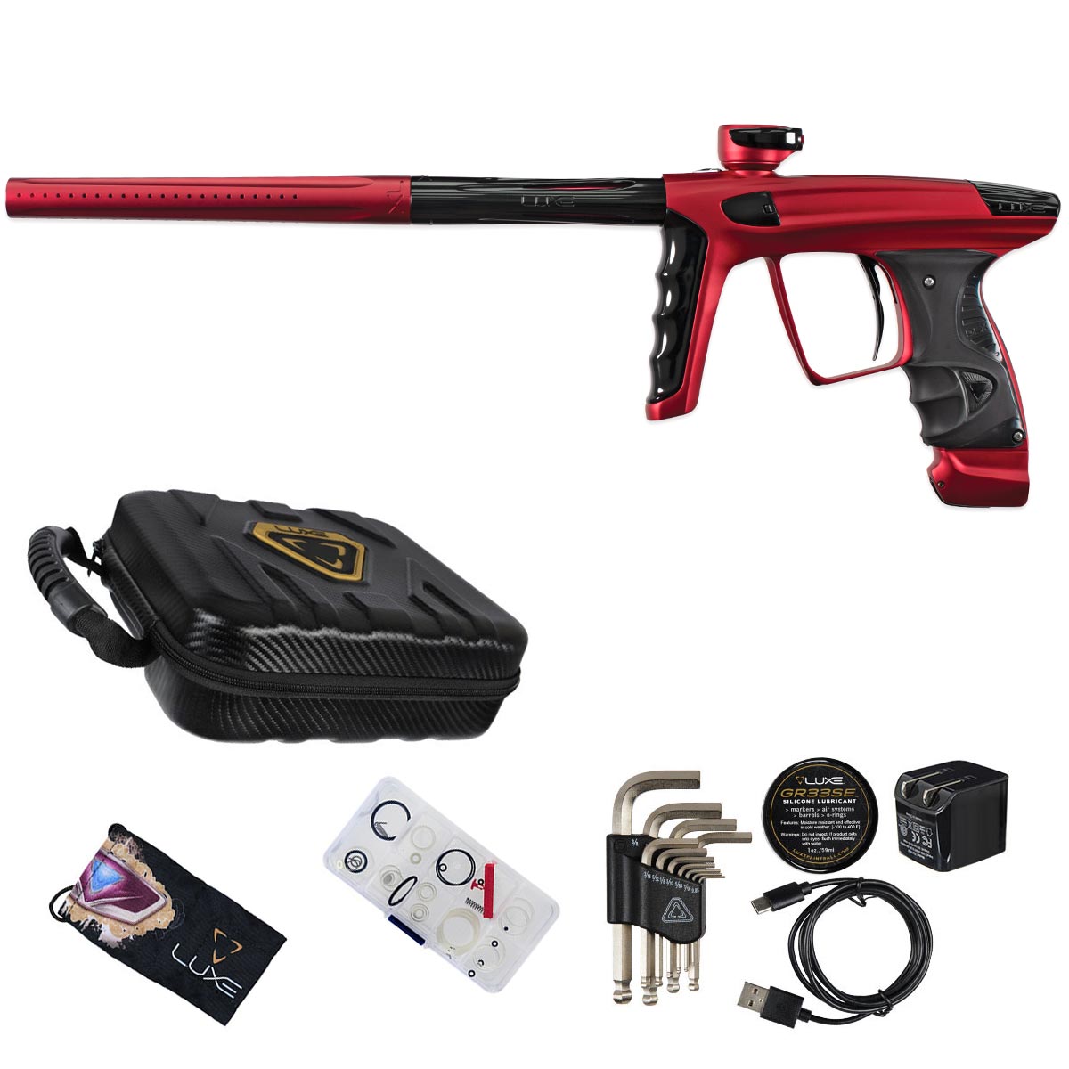 DLX Luxe X Paintball Gun Dust Red Polished Black Accents