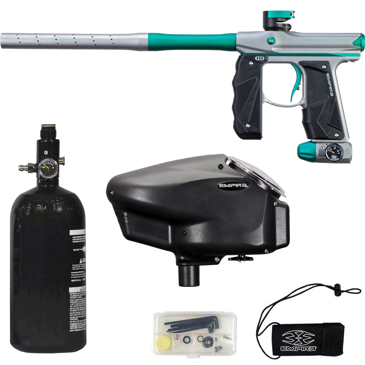 Empire Mini GS Paintball Marker Grey / Teal Dust w 2 PC Barrel Rookie Package