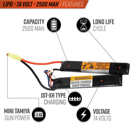 Valken Energy LiPo 7.4V 2500mAh 15/25C Twin Stick